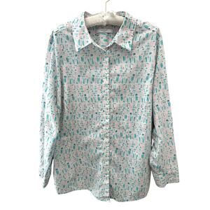 FOXCROFT Non Iron Cotton Button Down Shirt Teal Pink Print Work Blouse Top | 20W